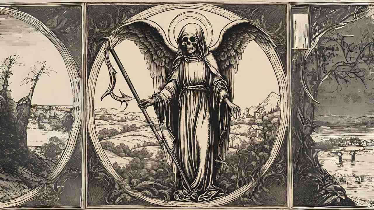 Ange de la Mort en noir et blanc tenant une faucille