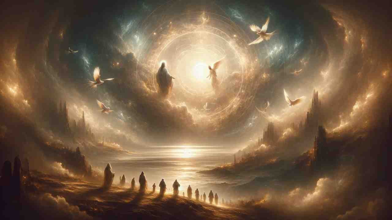 image d'un paysage céleste, des hommes qui marchent vers une lumière