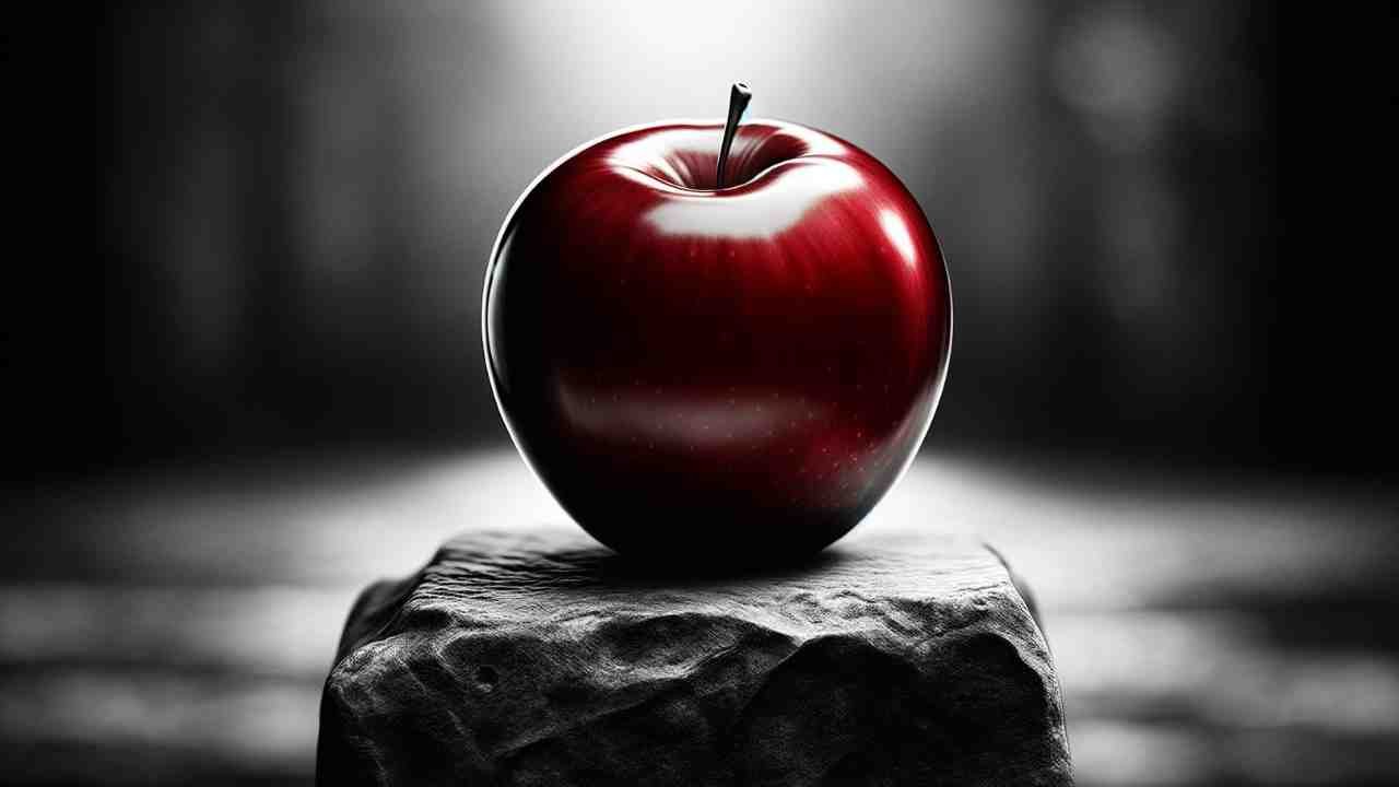 pomme rouge sur pierre et fond en noir et blanc
