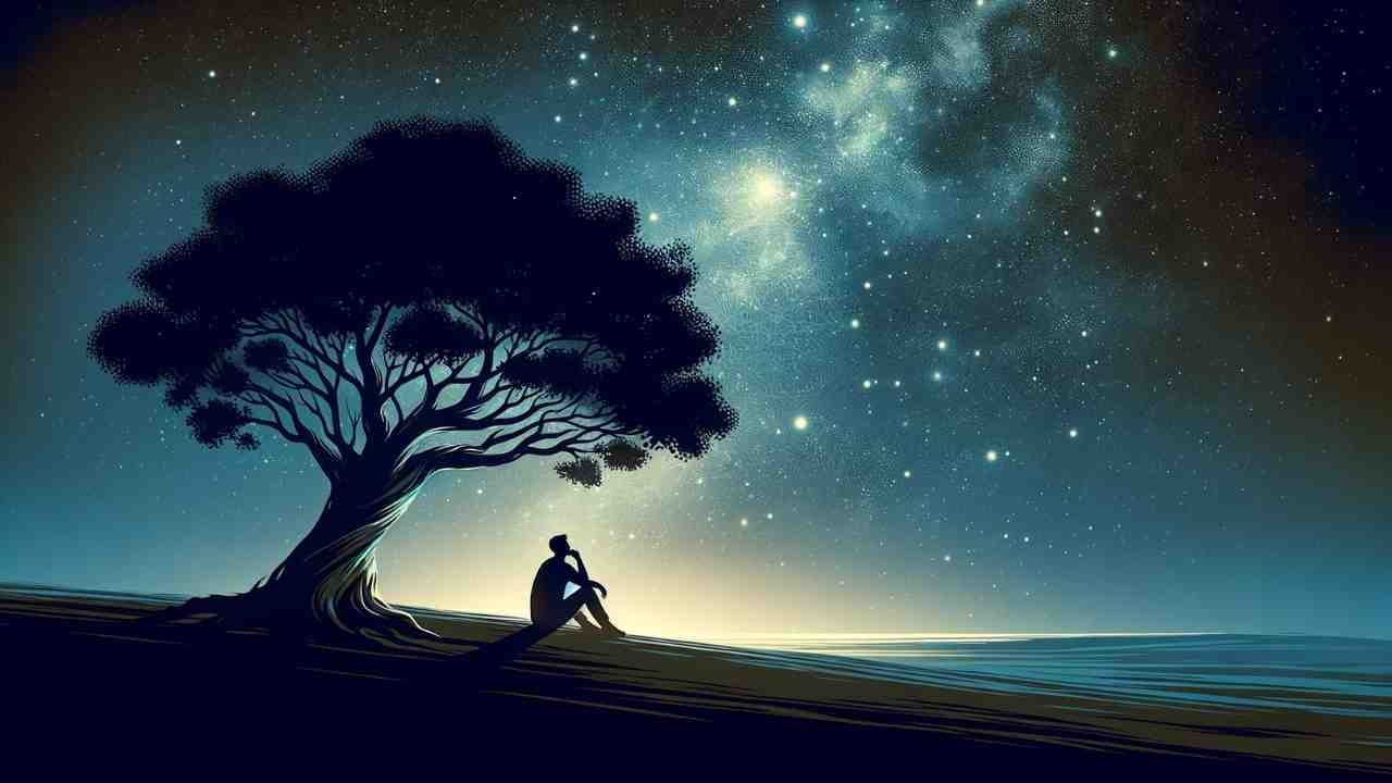 homme assis sous un arbre dans la nuit qui observe les étoiles