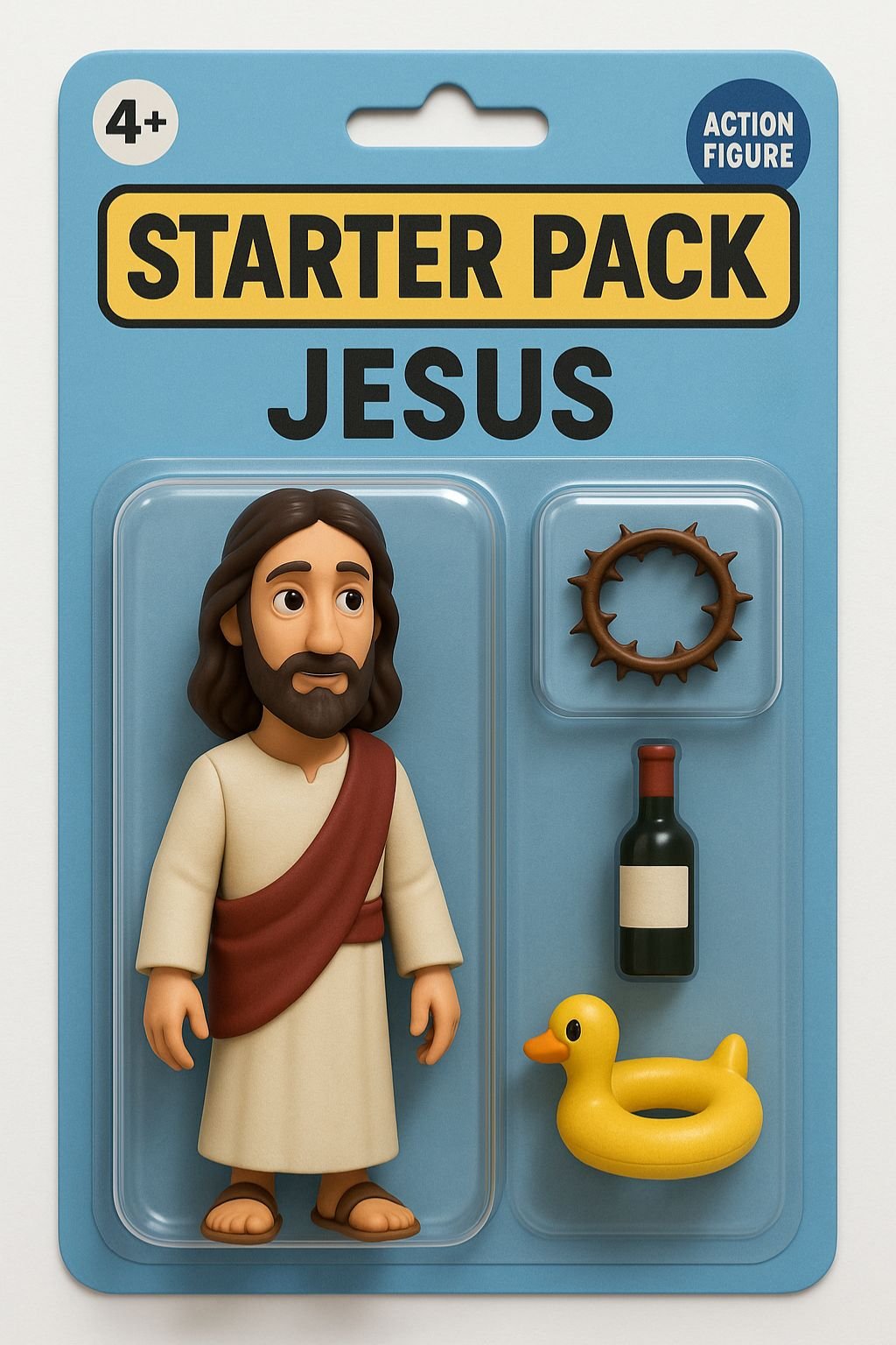 Starter pack avec une figurine de Jésus, une couronne d'épines, une bouteille de vin et une bouée de piscine en forme de canard jaune