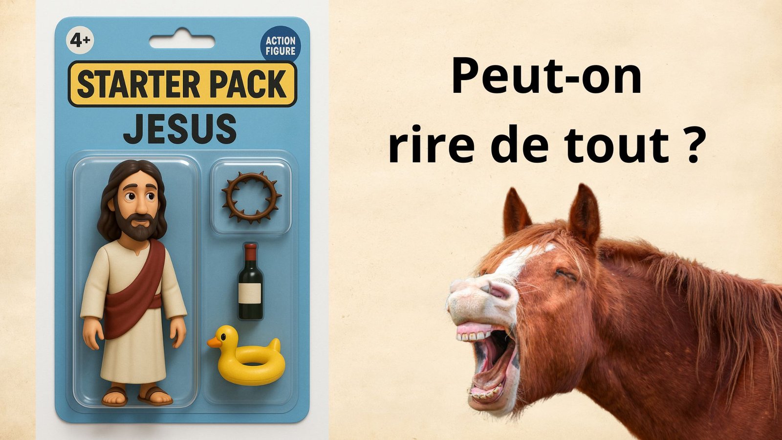 Starter pack de Jésus avec couronne, bouteille de vin et bouée jaune en forme de canard, peut-on rire de tout? Cheval qui rigole