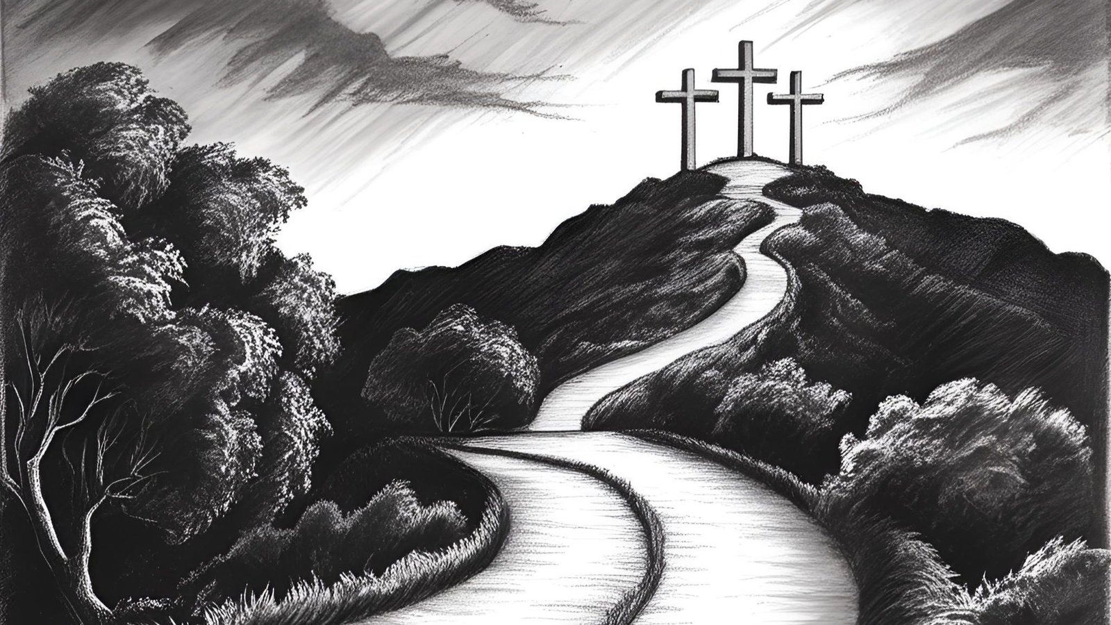 dessin au fusain qui montre un chemin qui mèen aux trois croix du mont golgotha