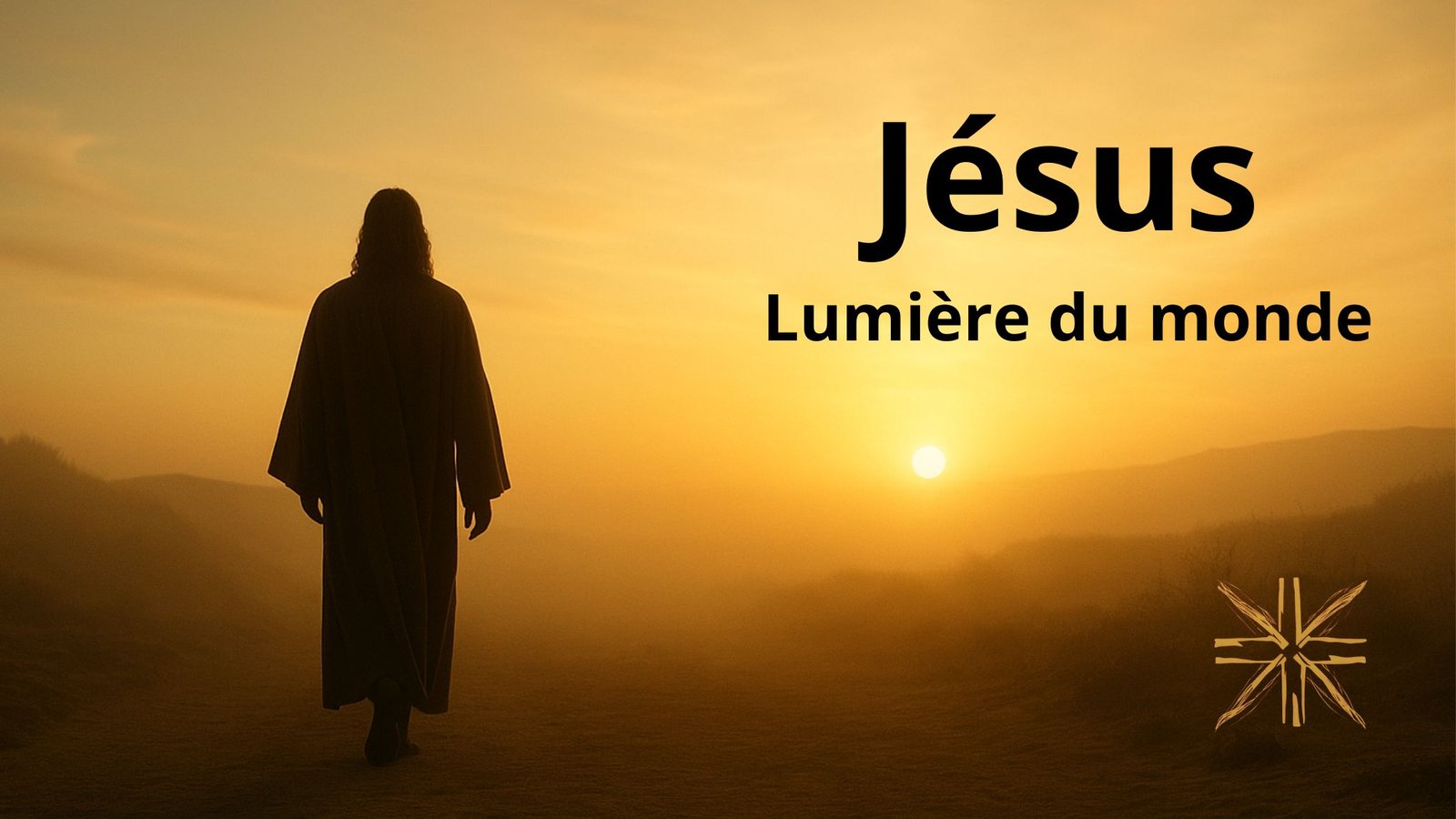 Jésus qui marche de dos vers le soleil