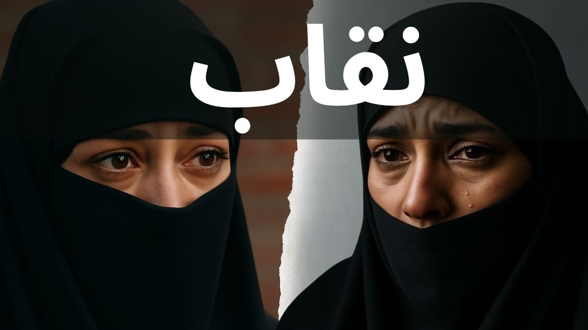 Deux femmes en niqab, l’une à gauche semblant inquiète, l’autre à droite en larmes, séparées par une déchirure centrale ; atmosphère sombre et introspective, mot “niqab” écrit en arabe au centre.