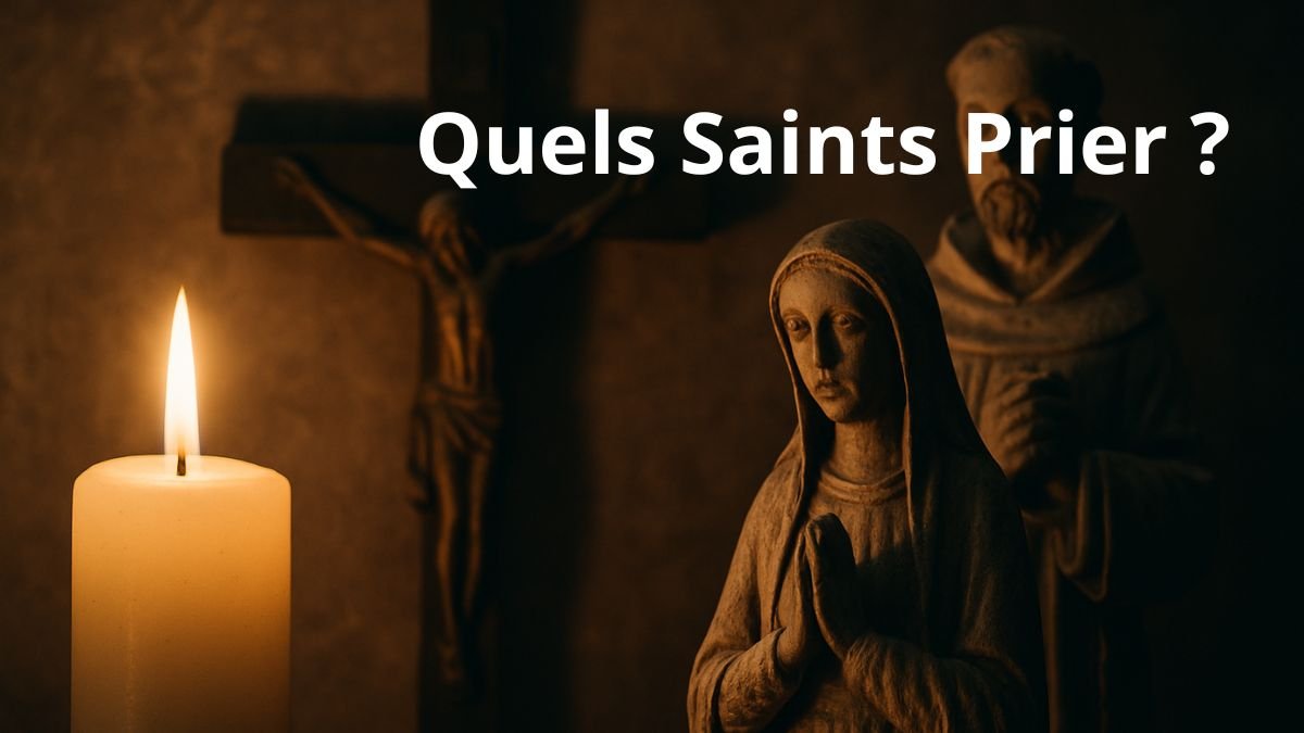 Quels saints prier? Bougie en avant plan avec statues d'une femme et d'un homme qui prient
