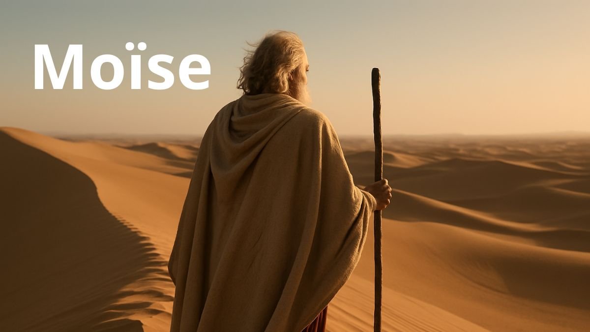 Moïse au sommet d'une dune qui regarde l'horizon au couché du soleil