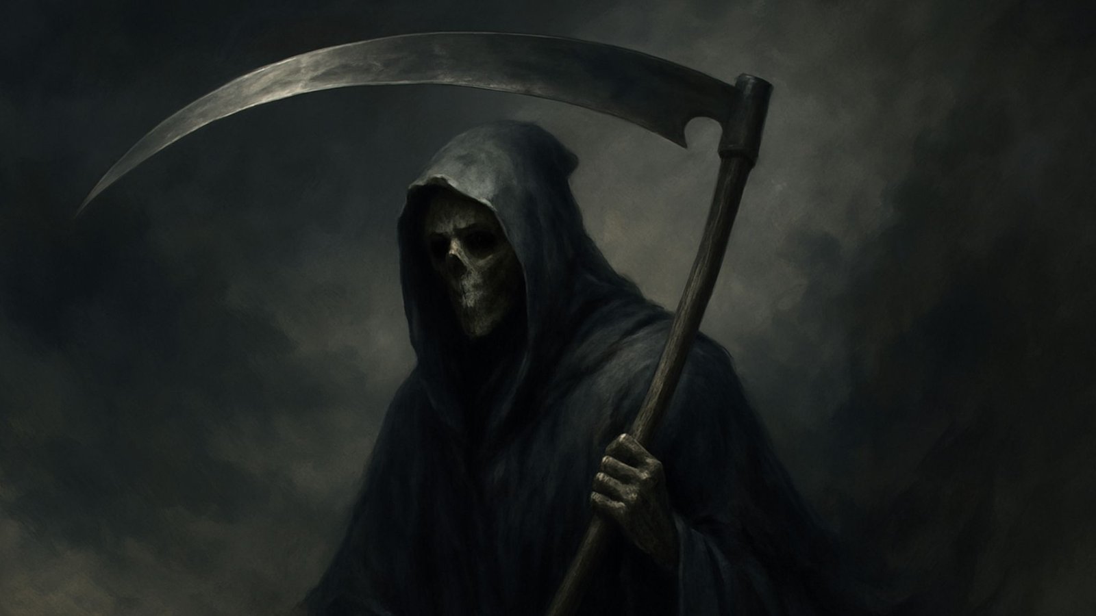 ange de la mort avec faucille et visage squelettique