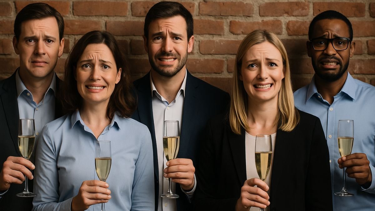 5 personnes qui regardent l'objectif avec un faux sourire et qui tiennent une coupe de champagne à la main, tous adossés à un mur en brique