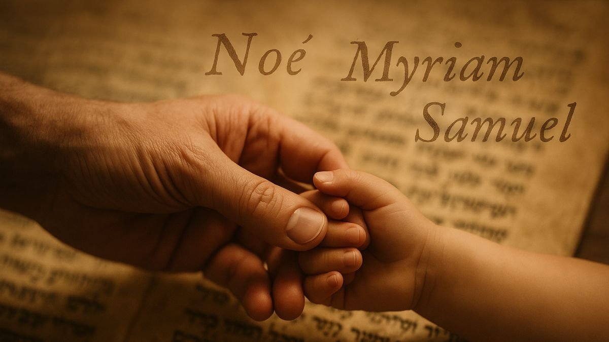 Main d’un adulte tenant celle d’un enfant au-dessus d’un manuscrit biblique ancien en hébreu, avec les prénoms Noé, Myriam et Samuel en surimpression.