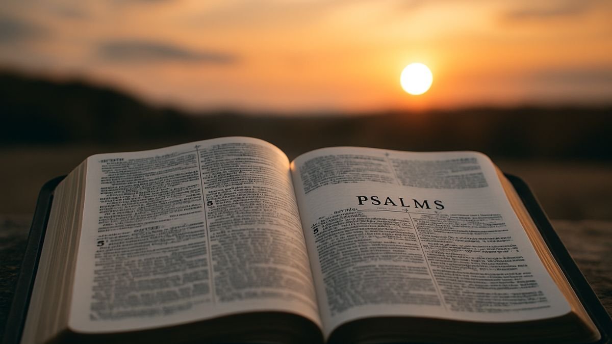 Bible ouverte sur le livre des Psaumes, posée sur une surface en pierre, avec un coucher de soleil à l’arrière-plan.