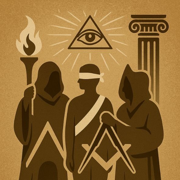 Illustration stylisée d’un rituel d’initiation maçonnique, avec symbolisme ésotérique et atmosphère solennelle