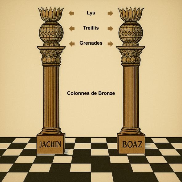 Illustration symbolique des colonnes Jakin et Boaz, éléments rituels de la franc-maçonnerie sur sol en damier, indication Lys, Treillis, Grenades, et colonnes de bronze