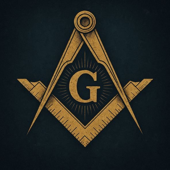 Symbole maçonnique du compas et de l’équerre dorés, avec la lettre G, sur fond bleu profond