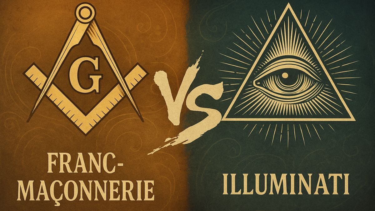 Illustration contrastée de deux figures symboliques opposées : un franc-maçon en tablier rituel face à une silhouette obscure représentant les Illuminati, sur fond de symboles ésotériques distincts.