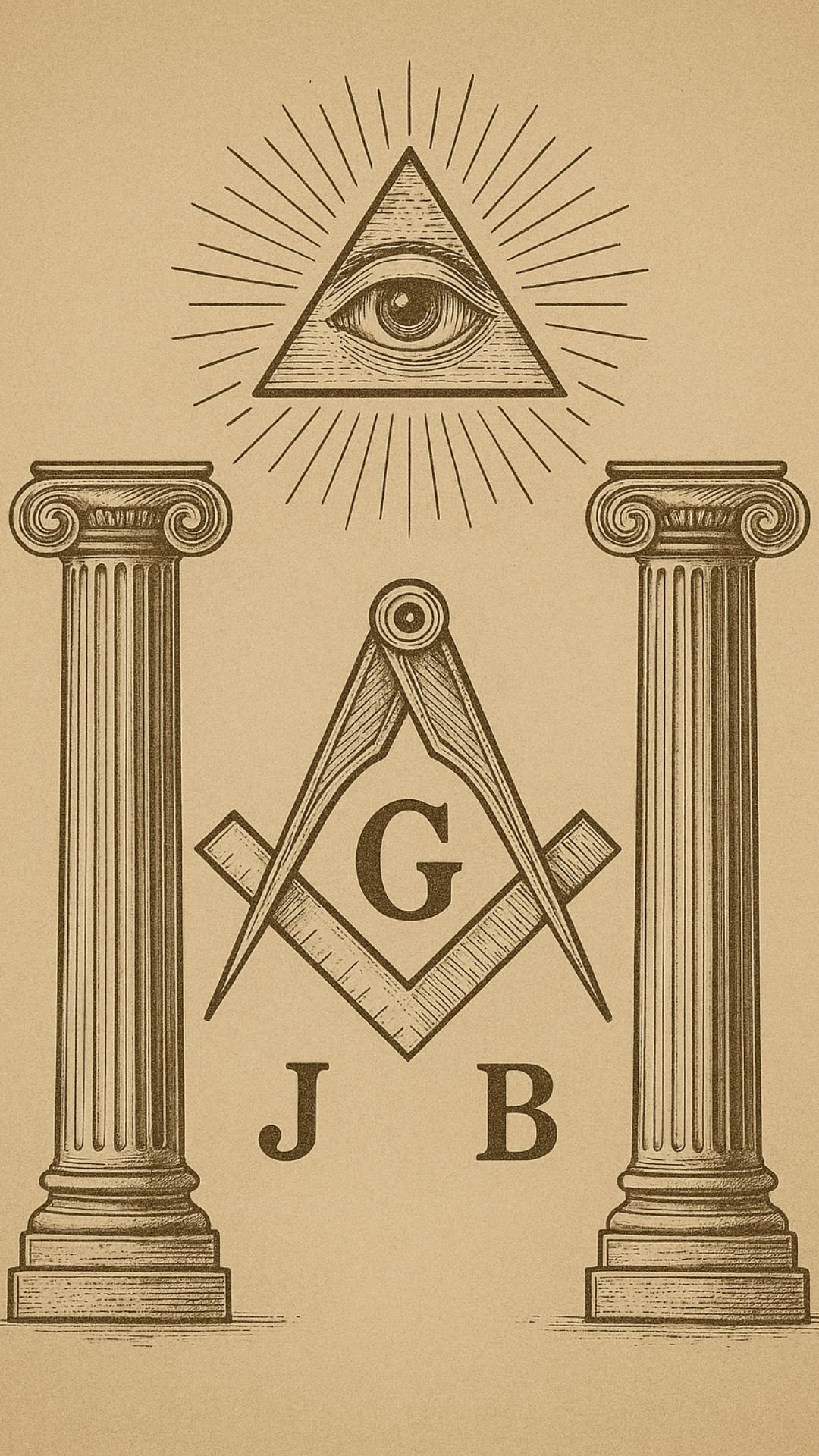 Montage visuel représentant les symboles maçonniques : compas, équerre, œil de la Providence, colonnes, pavé mosaïque