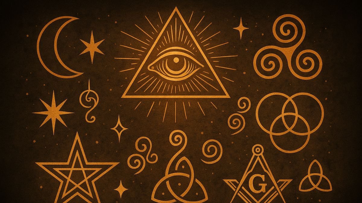 Illustration mystique présentant un cercle magique entouré de symboles ésotériques anciens, représentant la signification cachée et spirituelle de ces signes dans les traditions occultes.