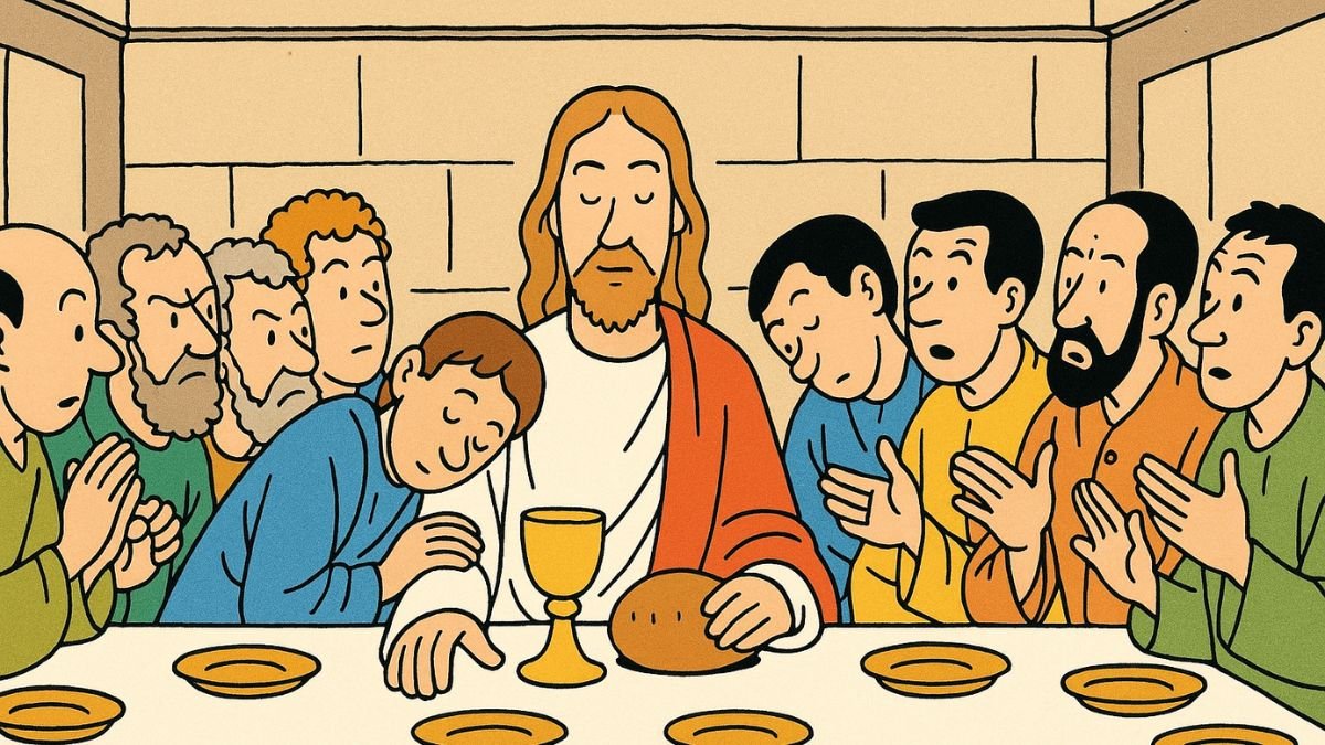 Illustration de la Dernière Cène dans un style de bande dessinée belge, avec Jésus et ses disciples assis autour d'une longue table, dans une scène expressive et stylisée inspirée du récit évangélique.
