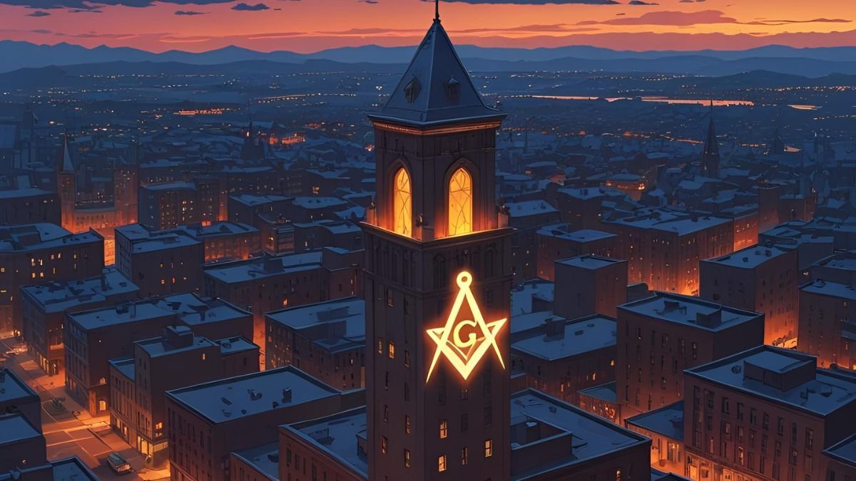 Vue nocturne d’une ville avec une tour illuminée arborant le symbole maçonnique du compas et de l’équerre, représentant la présence discrète mais symbolique de la franc-maçonnerie dans les centres de pouvoir urbains.