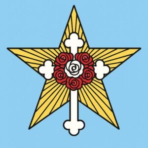 Symbole rosicrucien illustré : croix blanche sur étoile dorée rayonnante, ornée de roses rouges et blanches au centre