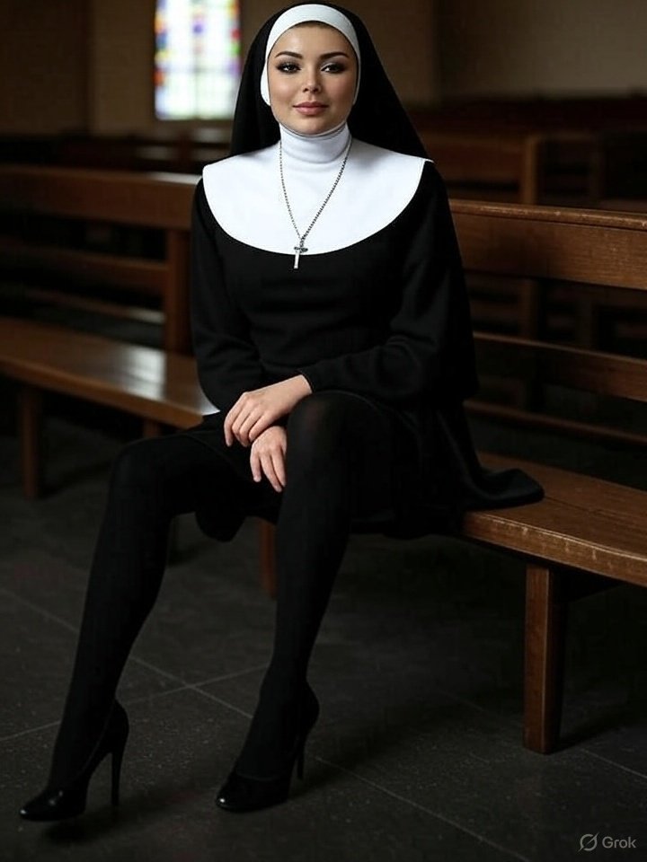 none sexy Religieuse, none sexy, assise sur un banc d’église, en bas noirs, hauts talons, portant une croix, dans une église.