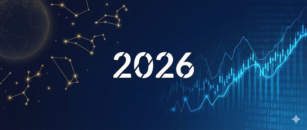 Bannière illustrant la convergence entre les constellations astrologiques et les graphiques financiers numériques pour l'année pivot 2026.