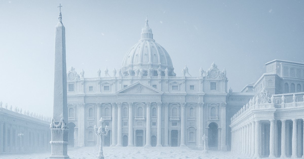 La Basilique Saint-Pierre au Vatican recouverte d'une épaisse couche de neige et de glace, sous un ciel pâle, symbolisant un 'hiver' climatique inattendu et la froideur potentielle face à l'urgence écologique.