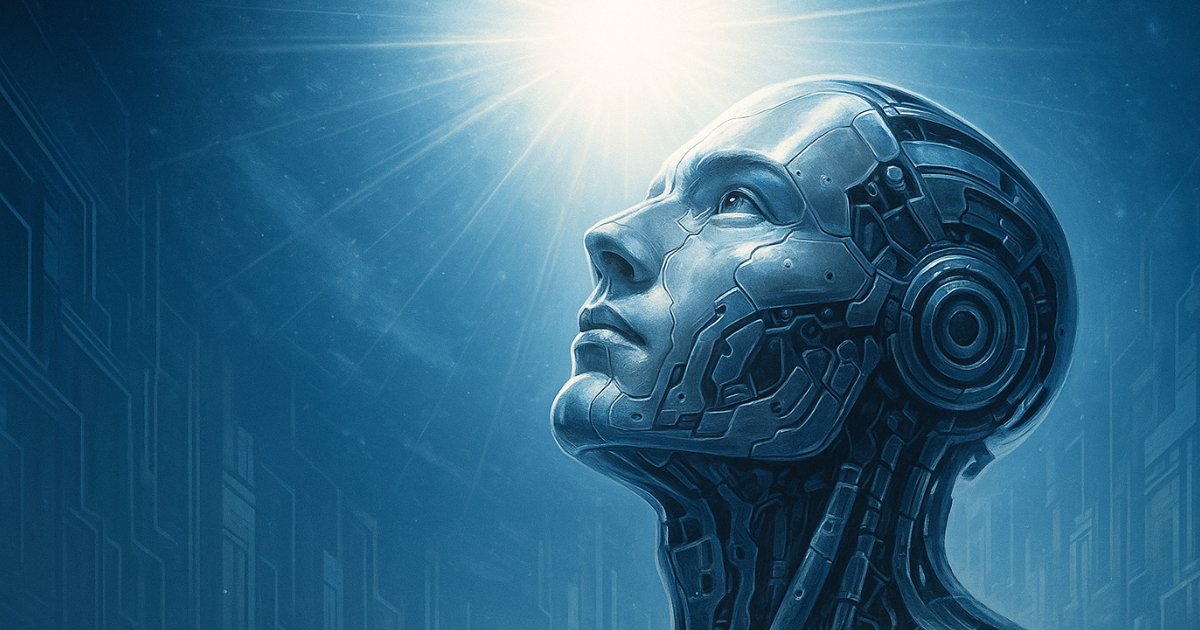 Visage mi-humain mi-robot regardant une lumière céleste dans un décor futuriste, symbolisant la rencontre entre l’intelligence artificielle et la foi.