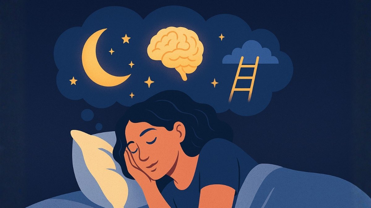 Illustration d'une femme dormant paisiblement dans l'obscurité. Au-dessus de sa tête, une bulle de rêve montre son cerveau (le subconscient), la lune et une échelle montant vers un nuage, symbolisant la quête de sens et l'interprétation des rêves.