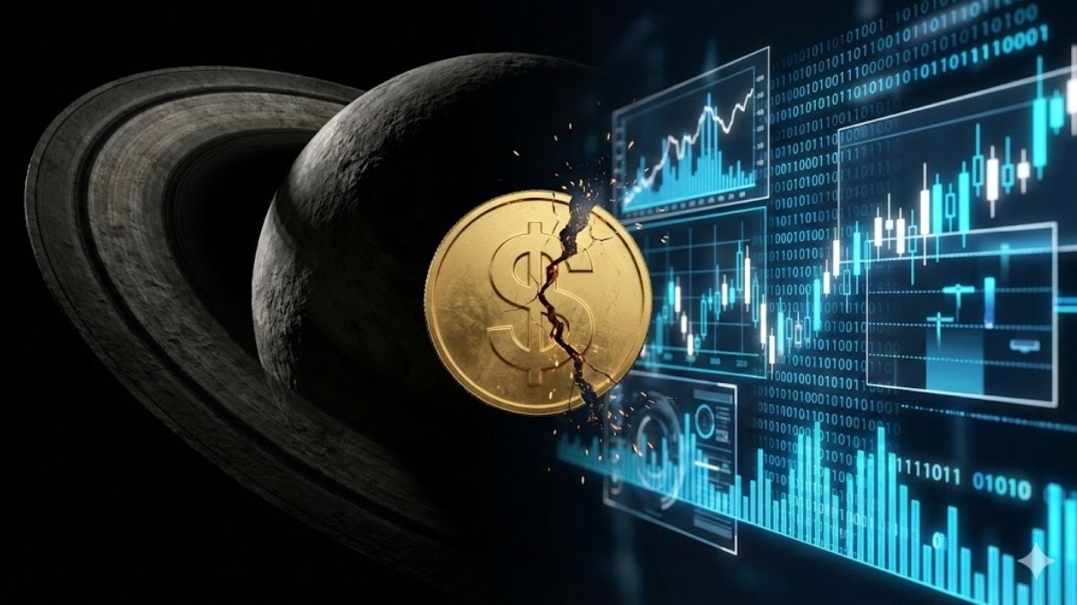 llustration conceptuelle montrant une pièce d'or se brisant sous la pression, coincée entre la planète Saturne sombre et des graphiques boursiers numériques lumineux, symbolisant le tournant de l'astrologie financière en 2026.