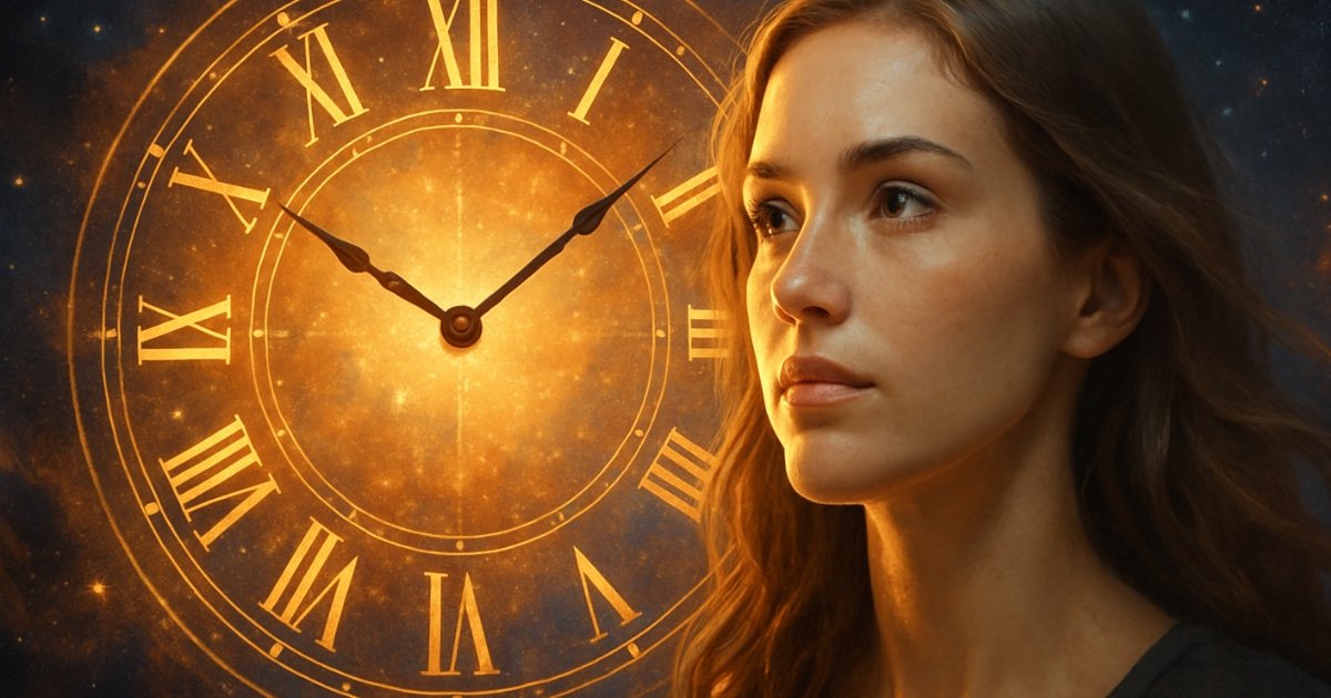 Gros plan sur une femme au regard pensif, devant un grand cadran d'horloge antique aux chiffres romains, illuminé d'une lumière dorée et flottant dans un fond d'espace sombre et étoilé. L'image évoque les thèmes du temps, de l'éternité et de la contemplation.