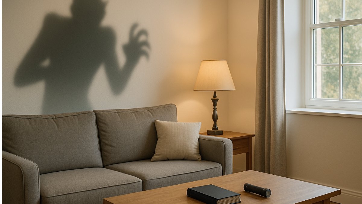 Ombre menaçante d'une entité projetée sur le mur d'un salon moderne. L'image illustre la peur d'une maison hantée. Un livre et une lampe torche sur la table symbolisent le test d'investigation.