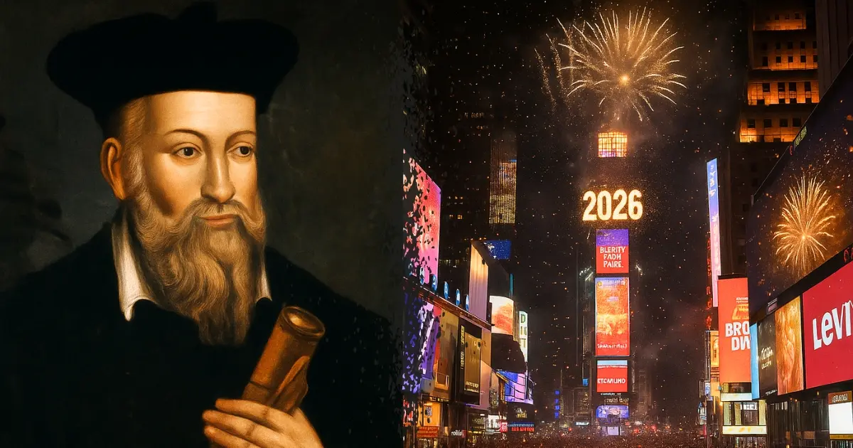Portrait de Nostradamus à gauche et vue de Times Square en pleine célébration du passage à l’année 2026 à droite, avec foule, néons et feux d’artifice, créant un contraste entre prophéties anciennes et monde moderne.