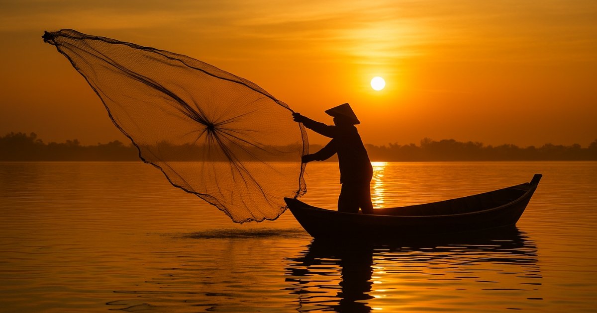 Pêcheur traditionnel sur une barque lançant un large filet au lever du soleil, silhouette éclairée par une lumière dorée sur une eau calme.