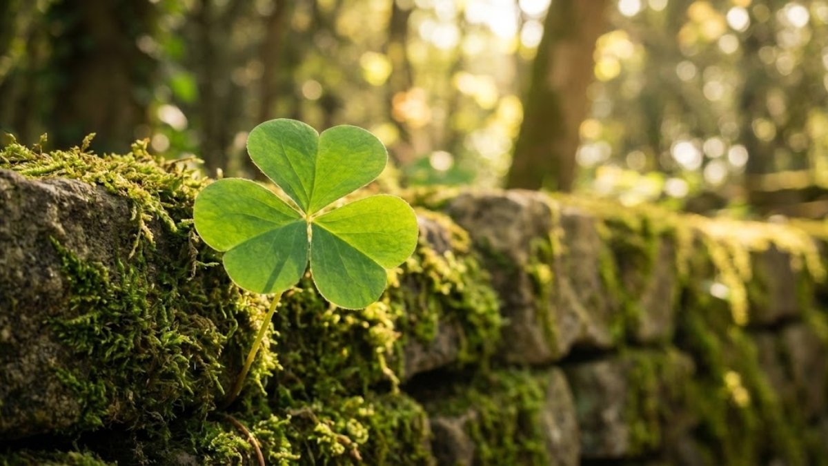 Gros plan sur un trèfle à trois feuilles baigné de soleil poussant sur un mur moussu, illustrant l'analogie de la Sainte Trinité (un seul Dieu en trois personnes).