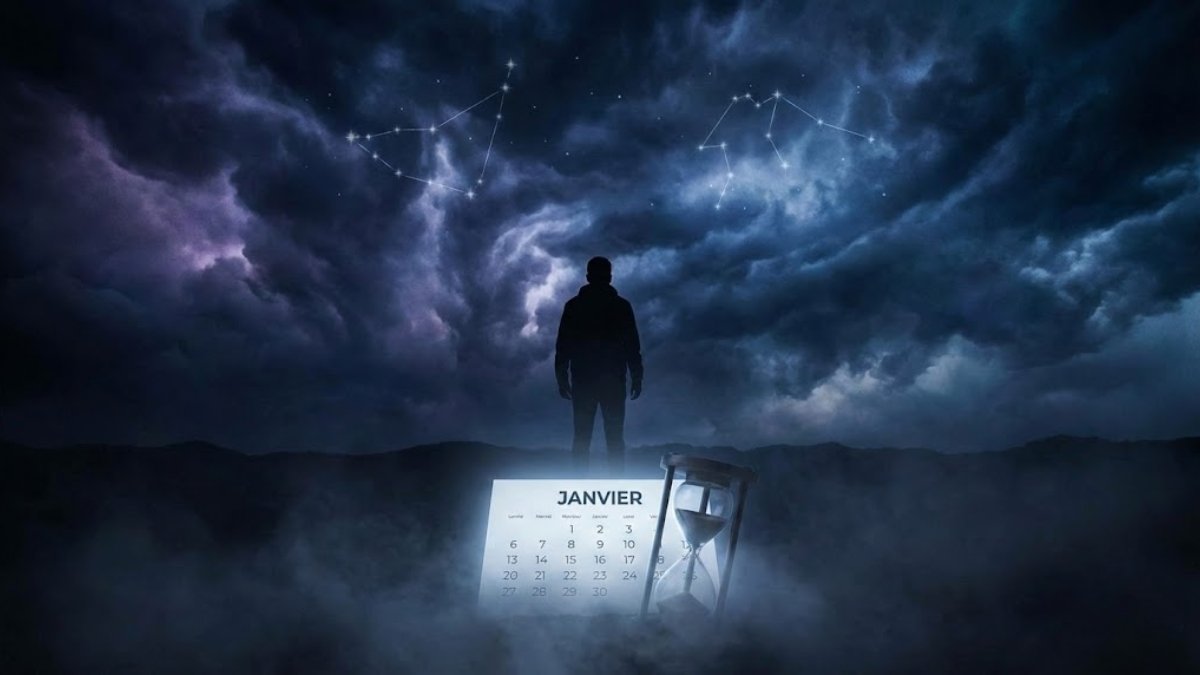 Silhouette observant un ciel d'orage avec les constellations du Capricorne et du Verseau, illustrant les prévisions astrologiques difficiles pour les personnes nées en janvier.