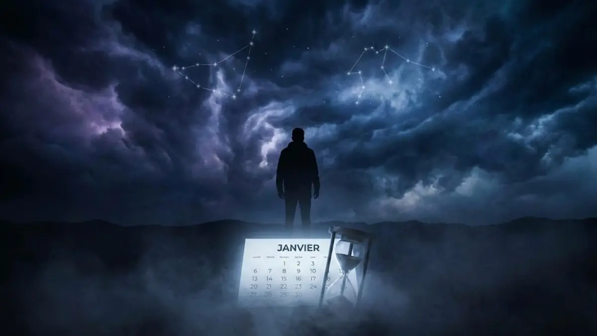 Silhouette observant un ciel d'orage avec les constellations du Capricorne et du Verseau, illustrant les prévisions astrologiques difficiles pour les personnes nées en janvier.