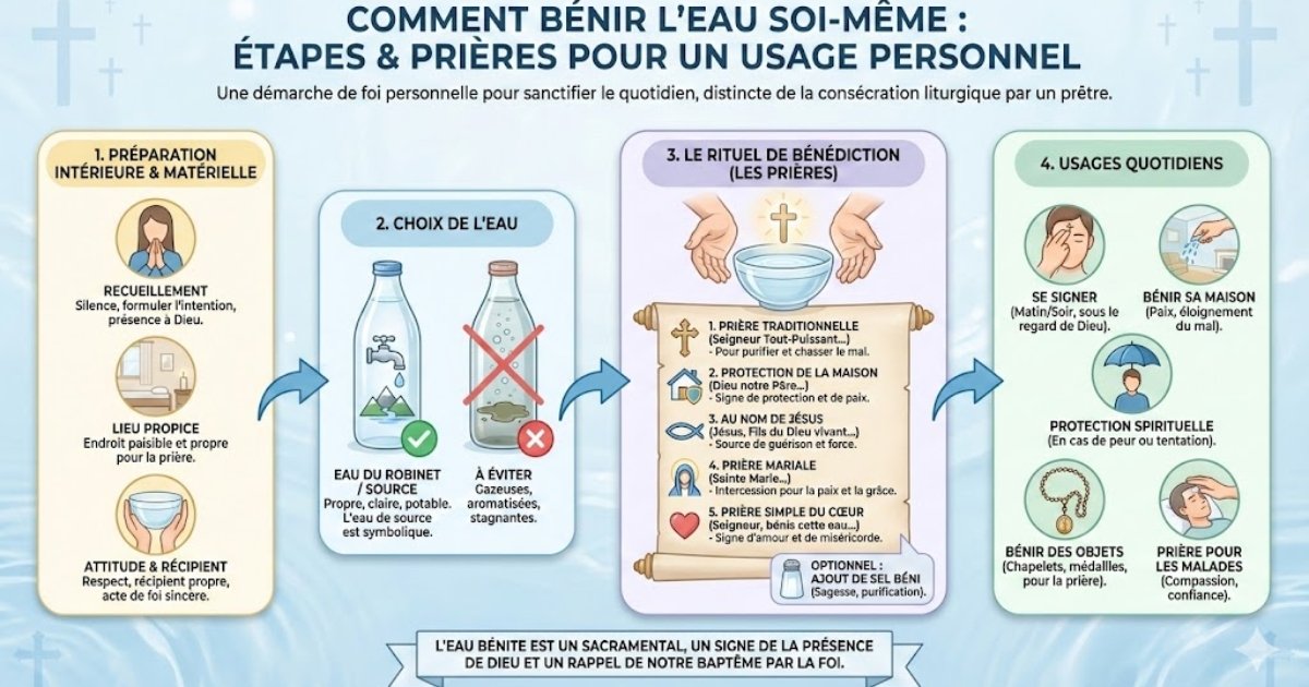 Comment bénir l'eau soi-même : étapes & prières pour un usage personnel". Elle présente un processus en quatre étapes, de gauche à droite. La première étape, "1. Préparation intérieure & matérielle", détaille le recueillement, le choix d'un lieu propice et l'attitude respectueuse. La deuxième, "2. Choix de l'eau", distingue l'eau du robinet ou de source (appropriée) des eaux gazeuses ou aromatisées (à éviter). La troisième, "3. Le rituel de bénédiction (les prières)", montre une personne bénissant l'eau et propose cinq prières spécifiques (traditionnelle, protection, au nom de Jésus, mariale, du cœur) ainsi que l'ajout optionnel de sel béni. La quatrième étape, "4. Usages quotidiens", illustre comment utiliser l'eau bénite : se signer, bénir sa maison, pour la protection spirituelle, bénir des objets et prier pour les malades. Un bandeau inférieur rappelle que l'eau bénite est un sacramental et un signe de la présence de Dieu.