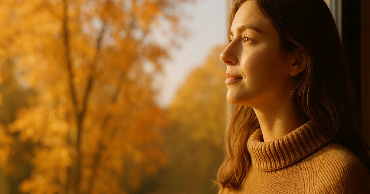 Jeune femme debout près d’une fenêtre, éclairée par la lumière dorée d’un matin d’automne, regard paisible tourné vers l’extérieur aux couleurs chaudes des feuilles rousses.