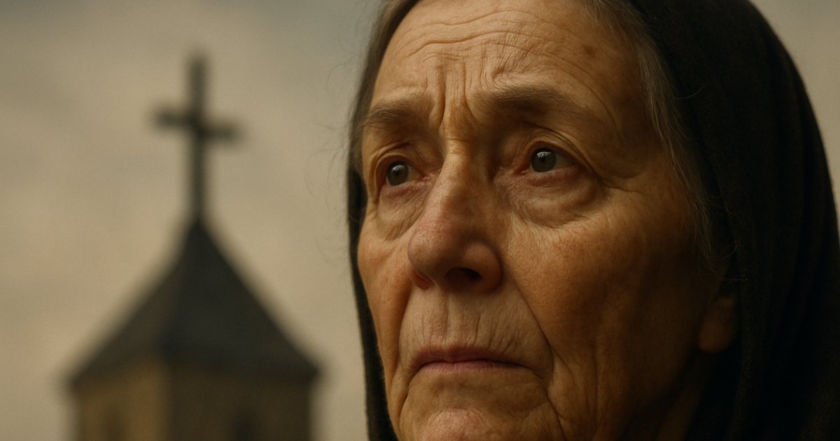Portrait d'une femme âgée et pieuse, le visage marqué par l'émotion et la foi, regardant vers le ciel ou l'horizon, avec une église et une croix floues en arrière-plan. Elle incarne la ferveur des croyants de Dozulé face aux apparitions du Christ