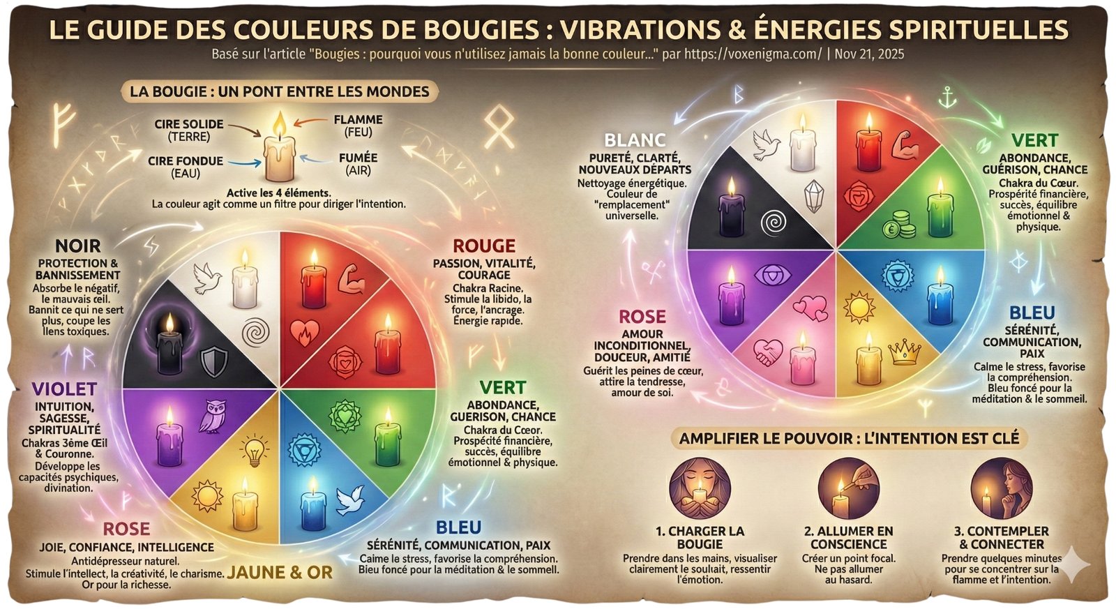 Infographie intitulée Le Guide des Couleurs de Bougies : Vibrations et Énergies Spirituelles, proposée par voxenigma.com. L'image détaille la signification ésotérique des couleurs : le Blanc pour la pureté et la clarté, le Rouge pour la passion et la vitalité, le Vert pour l'abondance et la guérison, le Bleu pour la sérénité et la paix, le Jaune pour la joie et la confiance, le Rose pour l'amour inconditionnel, le Violet pour l'intuition et la spiritualité, et le Noir pour la protection et le bannissement. Le visuel explique également le lien entre la bougie et les quatre éléments et offre un guide en trois étapes pour charger ses bougies avec une intention.
