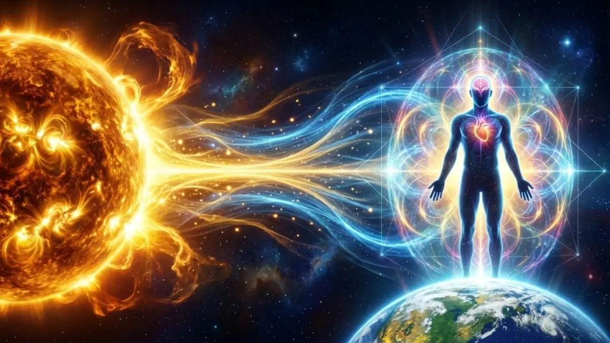 Illustration artistique montrant une intense activité solaire à gauche projetant des ondes d'énergie vers une silhouette humaine sur Terre à droite, dont le cœur et le cerveau rayonnent, symbolisant l'impact énergétique sur la biologie humaine.