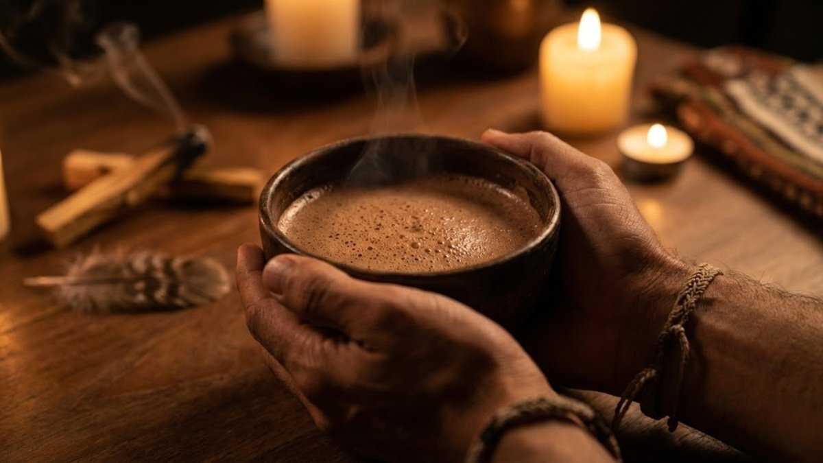 Gros plan sur des mains tenant respectueusement une coupe artisanale de cacao sacré fumant, dans une ambiance tamisée à la bougie avec du Palo Santo, illustrant un rituel de guérison.