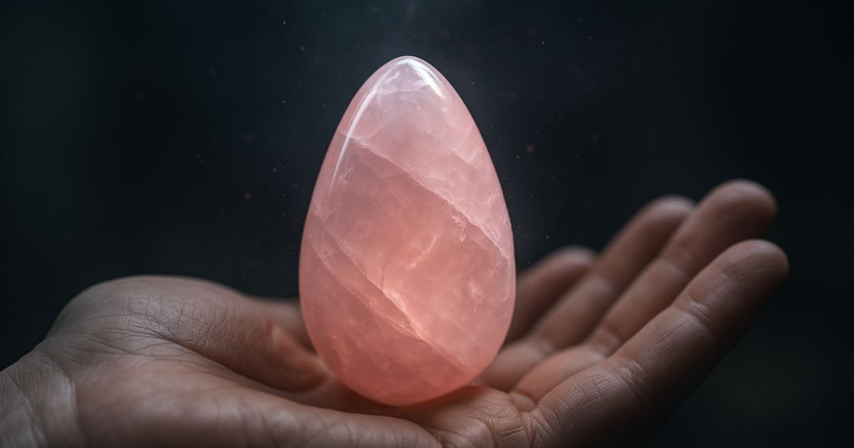 Main tenant un quartz rose lumineux sur fond sombre
