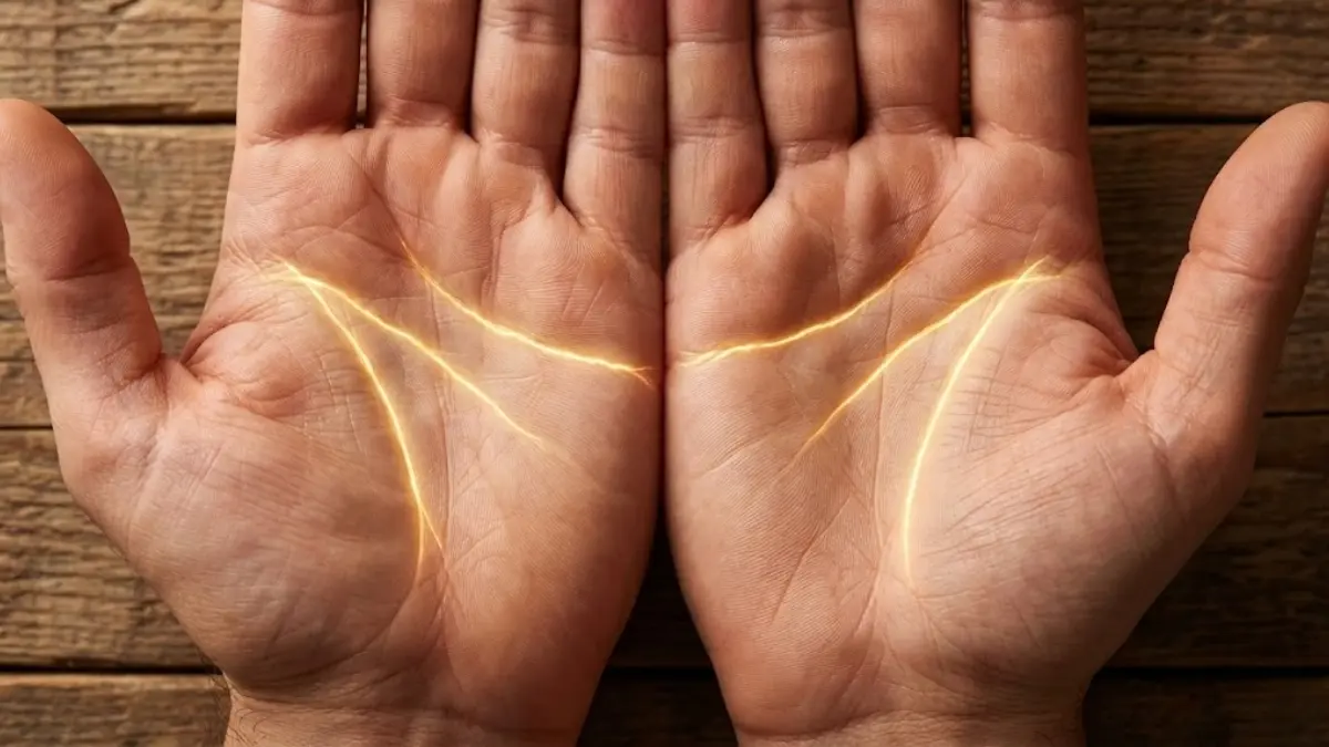 Gros plan sur deux mains ouvertes et jointes dont les lignes de cœur sont surlignées en doré pour analyser leur alignement.