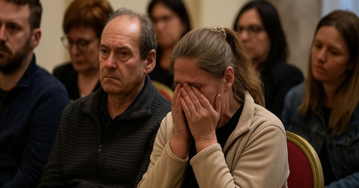 Des victimes d’abus en Belgique, réunies dans une salle sobre, expriment leur émotion et leur douleur lors d’un moment de recueillement à Rome.