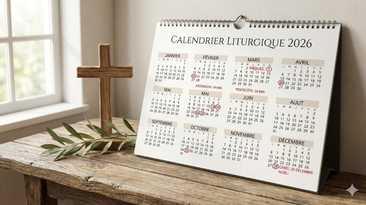 Calendrier de bureau ouvert affichant les dates clés du calendrier liturgique 2026, posé sur une table en bois rustique à côté d'une croix et d'une branche d'olivier devant une fenêtre.