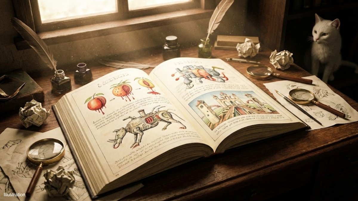 Double page du Codex Seraphinianus montrant des illustrations botaniques surréalistes et une écriture cursive indéchiffrable sur un bureau en bois.