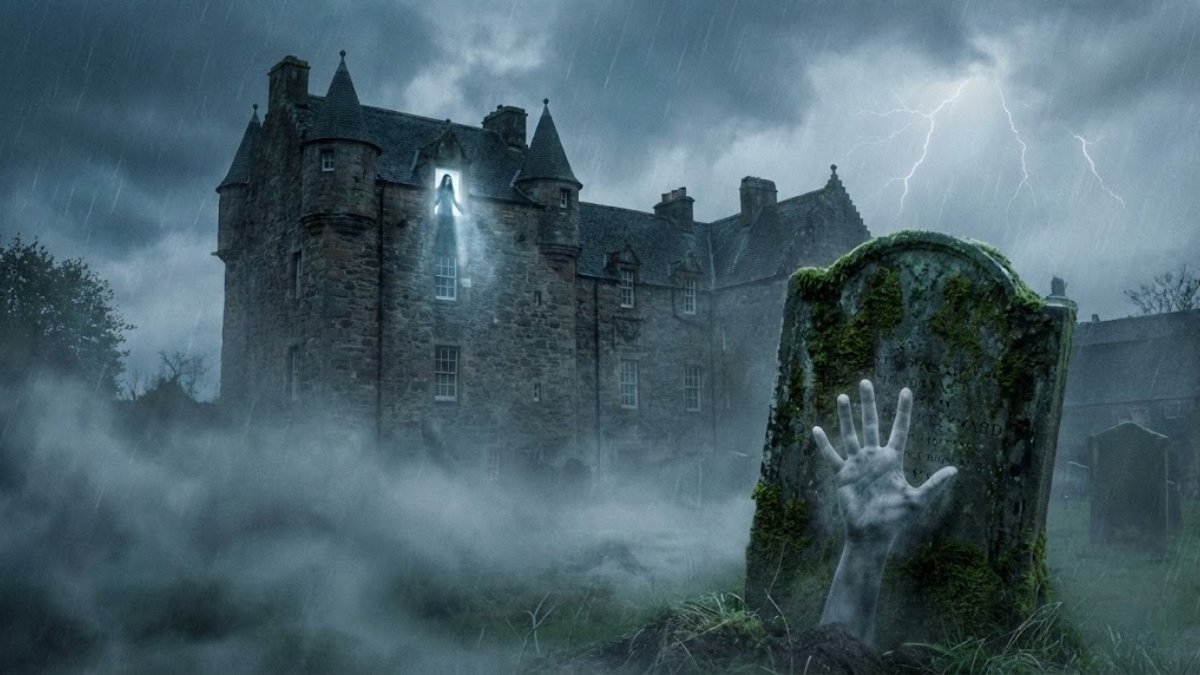 Vision d'ambiance d'un château écossais sous un orage violent. Une silhouette spectrale apparaît à une fenêtre éclairée tandis qu'une main émerge de la terre d'un cimetière brumeux au premier plan, illustrant la densité paranormale de l'Écosse.