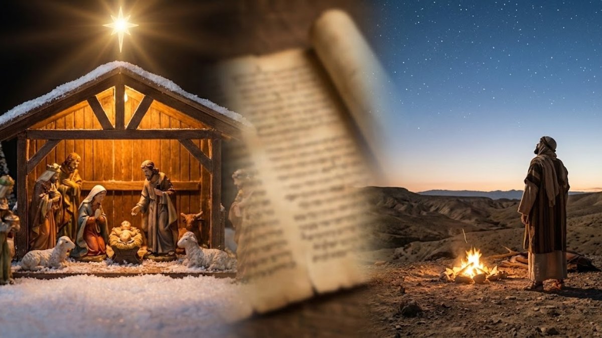 Composition visuelle opposant la crèche de Noël traditionnelle enneigée à la réalité historique d'un berger dans le désert de Judée, illustrant l'enquête sur la vraie date de naissance de Jésus.